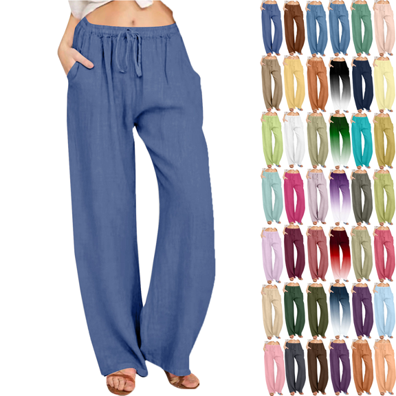 Linen Pants Women Summer Flowy Pants for Women Solid Color Linen Sashes Black Pants Women Straight Casual Long Wide Leg Trouser Pants for Women Pants Trousers