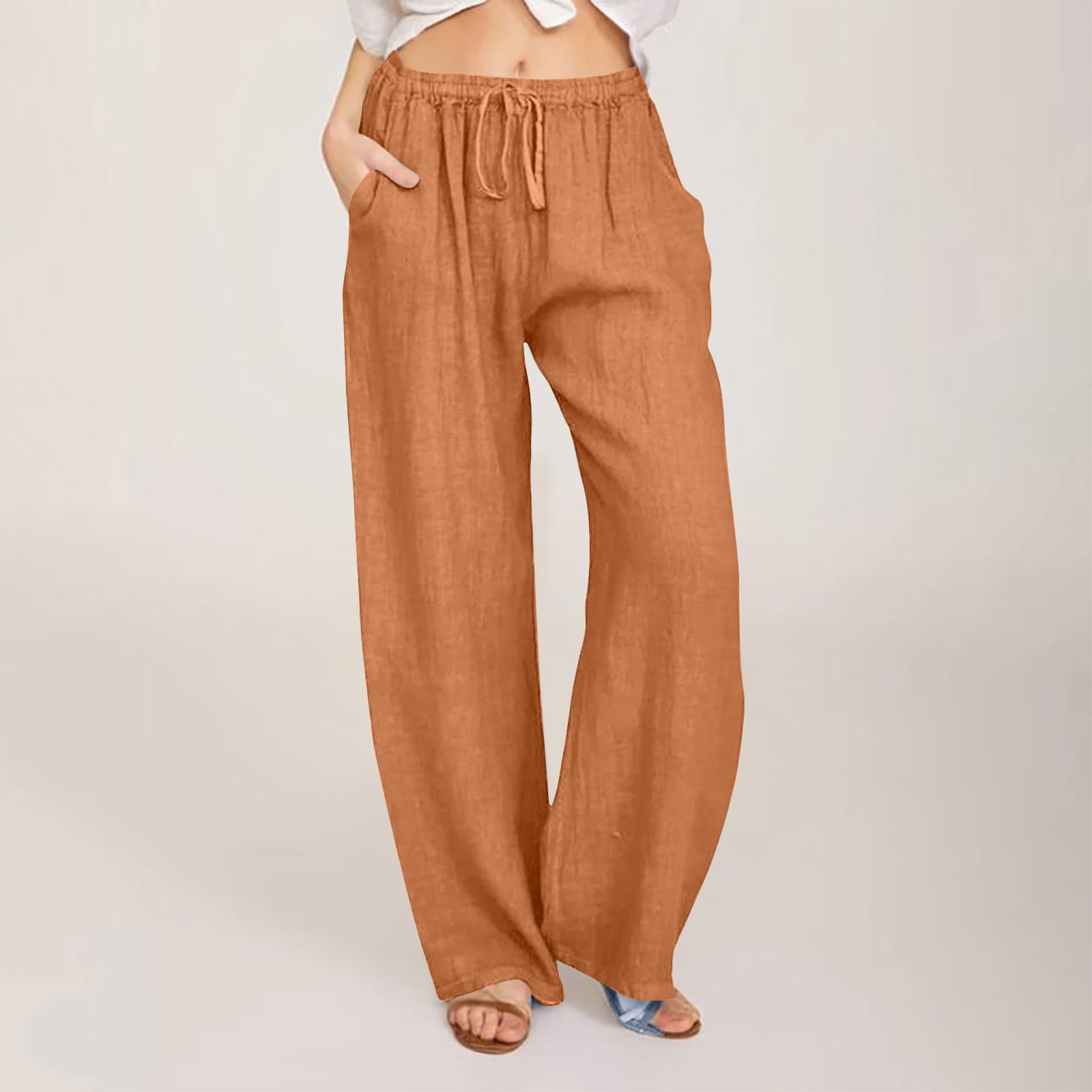 Women Summer Casual Pure Color Linen Wide Leg Pants