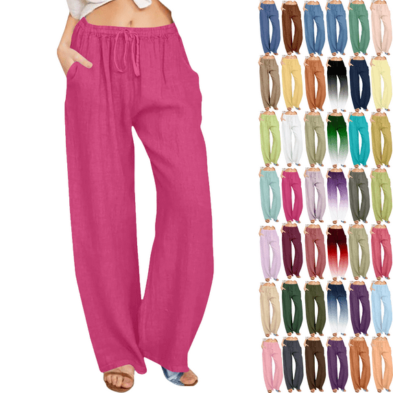 Linen Pants Women Summer Flowy Pants for Women Solid Color Linen Sashes Black Pants Women Straight Casual Long Wide Leg Trouser Pants for Women Pants Trousers