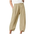 thumbnail image 1 of Linen Pants Women Summer Full Lenght Fashion Ruched Lightweight Womens Pants Loose Fit Solid Color Casual Trousers for Women High Waisted(Khaki L), 1 of 5