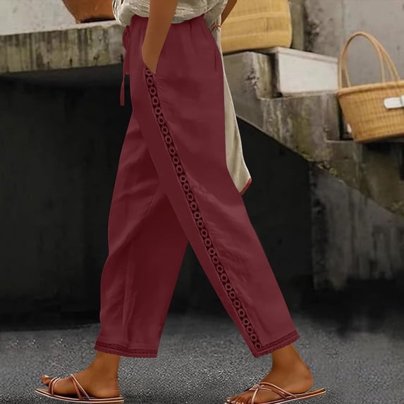 Linen Pants Women Summer Lace Trimmed Drawstring Loose Cotton Linen Straight Leg Pant Woman Casual Solid Lightweight Breathable Beach Vacation Pant