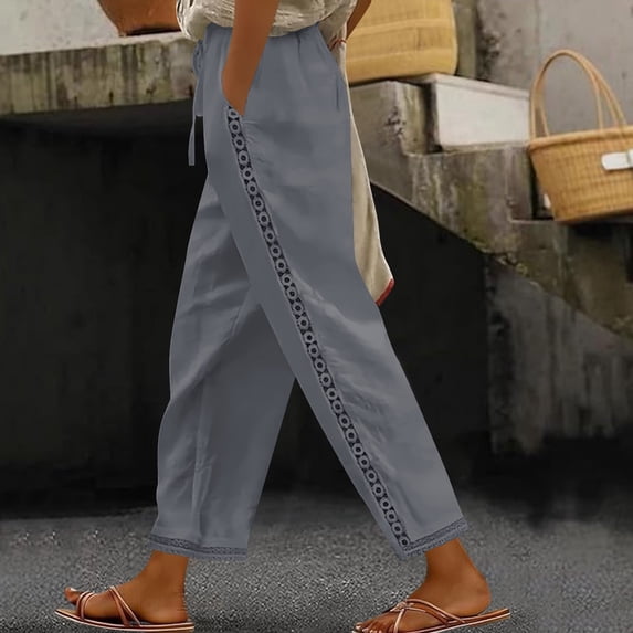 Linen Pants Women Summer Lace Trimmed Drawstring Loose Cotton Linen Straight Leg Pant Woman Casual Solid Lightweight Breathable Beach Vacation Pant