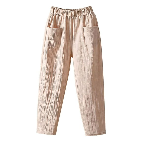 Linen Pants Women Summer Petite Capri Solid Casual Pocket Haren Pants Pencil Pants Elastic Waist Loose Pants Beige M