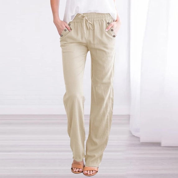 Linen Pants Women Summer,Petite Wide Leg Cotton Linen Pants with Pockets Comfy Casual Loose Lounge Trousers Beige S