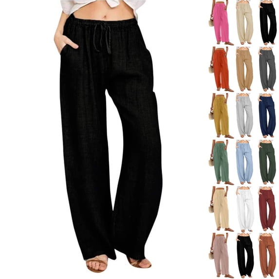 Linen Pants Women Summer,Petite Wide Leg Cotton Linen Pants with Pockets Comfy Casual Loose Lounge Trousers Black 2XL
