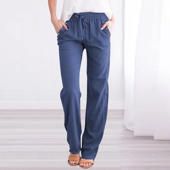 Linen Pants Women Summer,Petite Wide Leg Cotton Linen Pants with Pockets Comfy Casual Loose Lounge Trousers Blue S