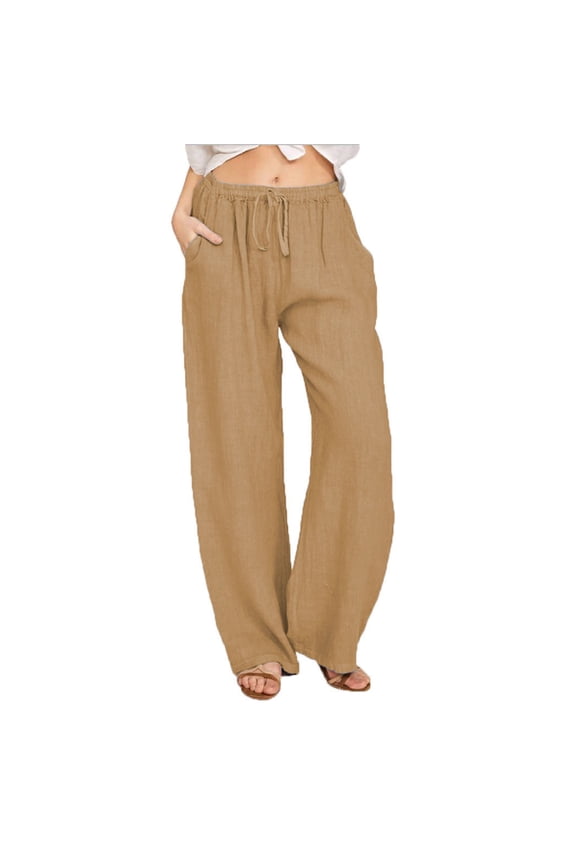 Linen Pants Women Summer,Petite Wide Leg Cotton Linen Pants with Pockets Comfy Casual Loose Lounge Trousers Camel M