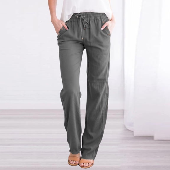 Linen Pants Women Summer,Petite Wide Leg Cotton Linen Pants with Pockets Comfy Casual Loose Lounge Trousers Dark Gray XL