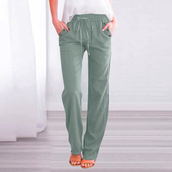 Linen Pants Women Summer,Petite Wide Leg Cotton Linen Pants with Pockets Comfy Casual Loose Lounge Trousers Gray 2XL