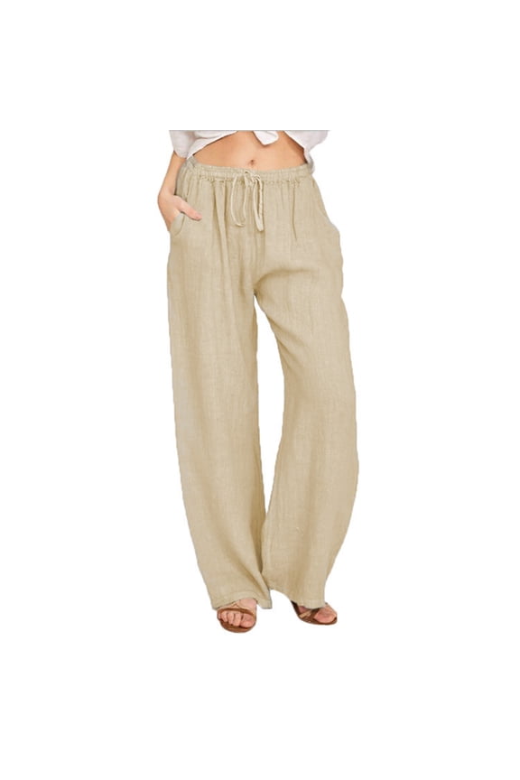 Linen Pants Women Summer,Petite Wide Leg Cotton Linen Pants with Pockets Comfy Casual Loose Lounge Trousers Khaki S