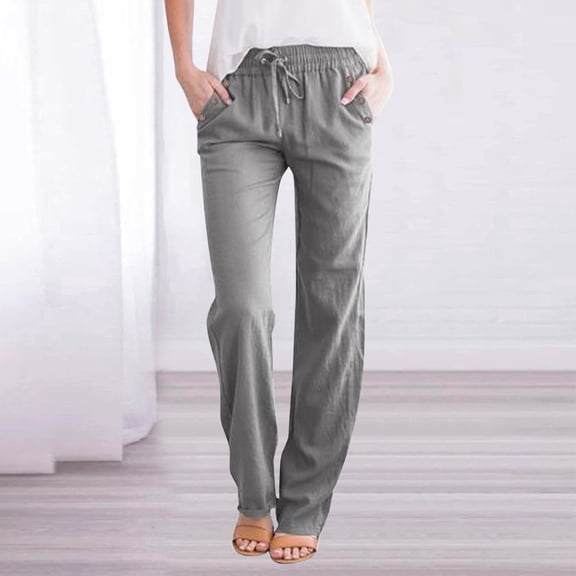 Linen Pants Women Summer,Petite Wide Leg Cotton Linen Pants with Pockets Comfy Casual Loose Lounge Trousers Light Gray 2XL