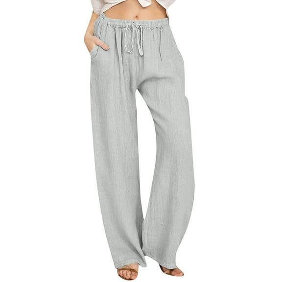 Linen Pants Women Summer,Petite Wide Leg Cotton Linen Pants with Pockets Comfy Casual Loose Lounge Trousers Light Gray S