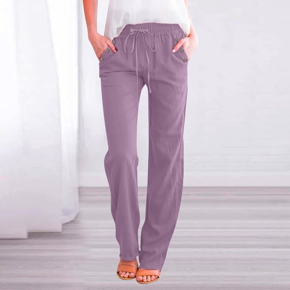 Linen Pants Women Summer,Petite Wide Leg Cotton Linen Pants with Pockets Comfy Casual Loose Lounge Trousers Light Purple L