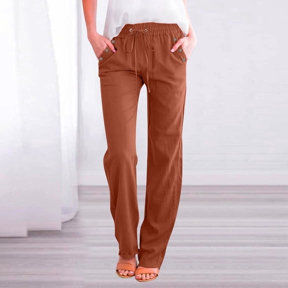 Linen Pants Women Summer,Petite Wide Leg Cotton Linen Pants with Pockets Comfy Casual Loose Lounge Trousers Vermilion S