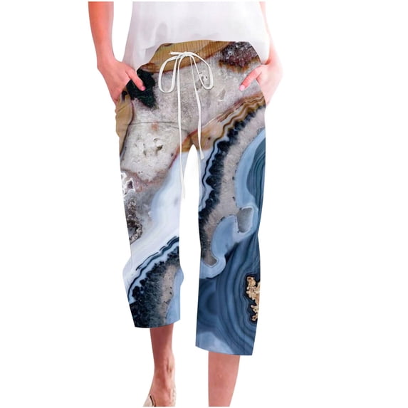 Linen Pants Women Summer Plus Size Active wear Printing Marbling Print Cargo Pants Mid Rise Loose Fit Capri Pant Casual Lightweight Drawstring Fashion Daily Womens Pants With Pocket(Dark Blue,XL)
