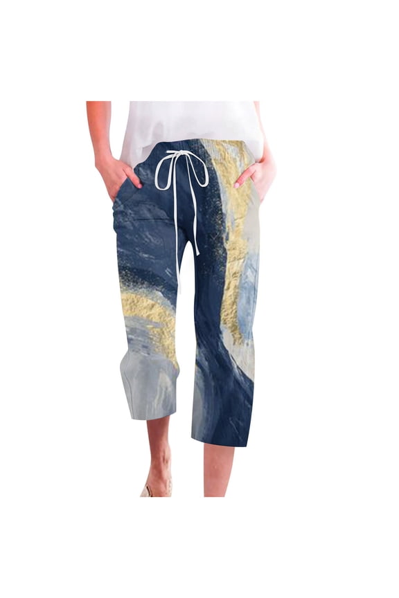 Linen Pants Women Summer Plus Size Active wear Printing Marbling Print Cargo Pants Mid Rise Softy Loose Fit Capri Pant Casual Lightweight Drawstring Fashion Daily Womens Pants With Pocket（Blue,XL）
