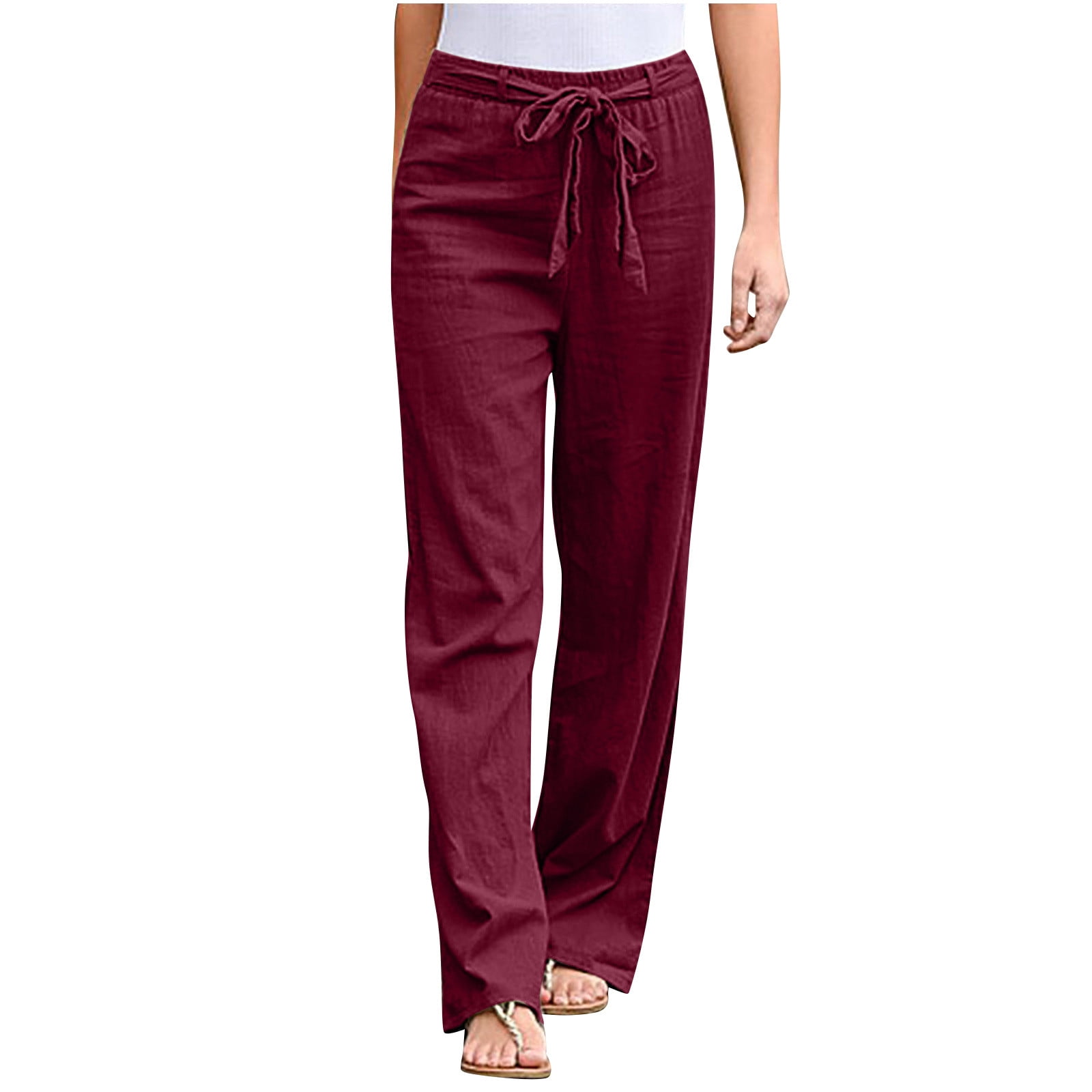 Linen Pants Women Summer Plus Size Casual Solid Color Comfy High Rise Pants  for Women Fashion Loose Fit Daily Bandage Linen And Cotton Lightweight  Party Vacation Beach Pants with Pocket（Wine,XL） 