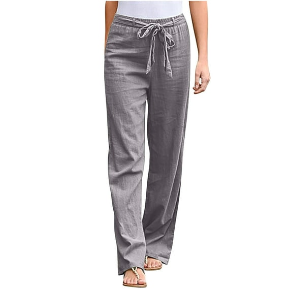 Linen Pants Women Summer Plus Size Casual Solid Color Comfy High Rise Pants for Women Fashion Loose Fit Daily Bandage Linen And Cotton Lightweight Party Vacation Beach Pants with Pocket(Gray,4XL)