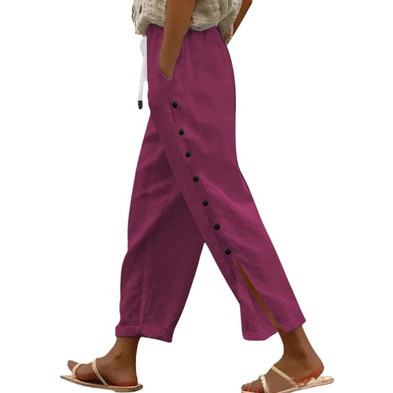 Linen Pants Women Summer Side-Buttoned Closure Joggers Side Slit Pants Straight Leg Elastic Waist Trousers With Pockets Capris Trousers Loose Fit Solid Color Capris Pants Beach Slacks Ankle Pants
