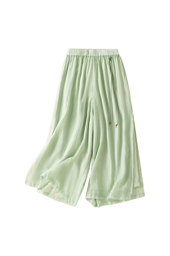 Linen Pants Women Summer Solid Color Elastic Waist Breathable Thin Split Hem Loose Wide Leg Pants Flowy Pants