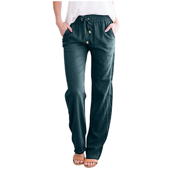 Husipze Linen Pants Women Summer Straight Leg Slim Comfy Work Trousers Lightweight Drawstring Lounge Pants Dark Blue XL