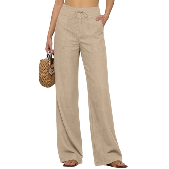 Linen Pants Women Summer Wide Leg High Waisted Casual Beach Vacation Lounge Wear Dressy Plus Size Comfy Trousers