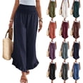 thumbnail image 1 of Linen Pants Women Summer Wide Leg Smocked Waist Ruffle Hem Palazzo Pants Boho Flowy Beach Vacation Pant with Pockets Black S, 1 of 8