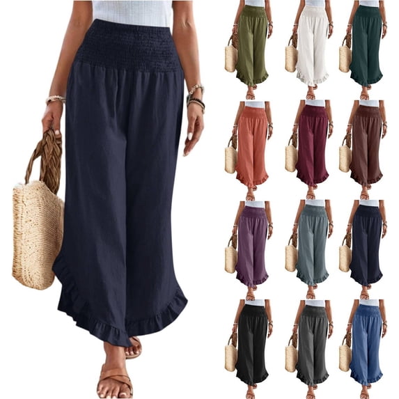 Linen Pants Women Summer Wide Leg Smocked Waist Ruffle Hem Palazzo Pants Boho Flowy Beach Vacation Pant with Pockets Black S