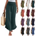thumbnail image 1 of Linen Pants Women Summer Wide Leg Smocked Waist Ruffle Hem Palazzo Pants Boho Flowy Beach Vacation Pant with Pockets Dark Green L, 1 of 8