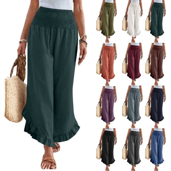 Linen Pants Women Summer Wide Leg Smocked Waist Ruffle Hem Palazzo Pants Boho Flowy Beach Vacation Pant with Pockets Dark Green L