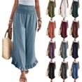 thumbnail image 1 of Linen Pants Women Summer Wide Leg Smocked Waist Ruffle Hem Palazzo Pants Boho Flowy Beach Vacation Pant with Pockets Light Blue L, 1 of 9