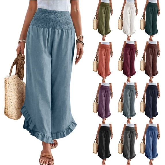 Linen Pants Women Summer Wide Leg Smocked Waist Ruffle Hem Palazzo Pants Boho Flowy Beach Vacation Pant with Pockets Light Blue L