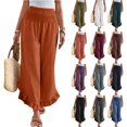 thumbnail image 1 of Linen Pants Women Summer Wide Leg Smocked Waist Ruffle Hem Palazzo Pants Boho Flowy Beach Vacation Pant with Pockets Orange 2XL, 1 of 8