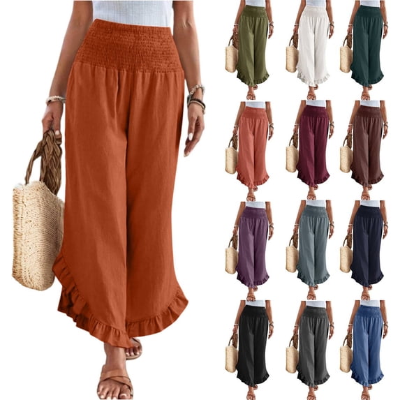 Linen Pants Women Summer Wide Leg Smocked Waist Ruffle Hem Palazzo Pants Boho Flowy Beach Vacation Pant with Pockets Orange 2XL
