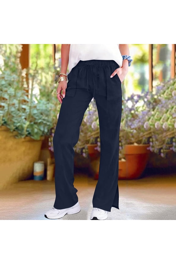 Linen Pants Women, Titcea Straight Elastic Waist Drawstring Flowy Split Hem Casual Pants with Pockets