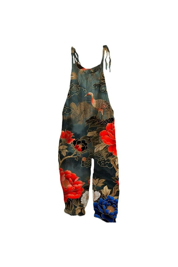 Linen Pants Women, White Boho Floral Jumpsuits Sleeveless Spaghetti Strap Baggy Romper Wide Leg Overalls with Pockets, Wide Leg Pants Woman, L, Palazzo Pants for Women, S-5XL, Boho Pants for Women