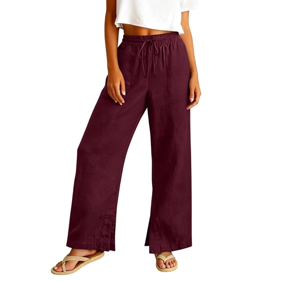 Linen Pants Women Wide Leg Casual Summer Vacation Outfits Travel Beach Pants Elastic Waist Ankle Split with Pockets Red L