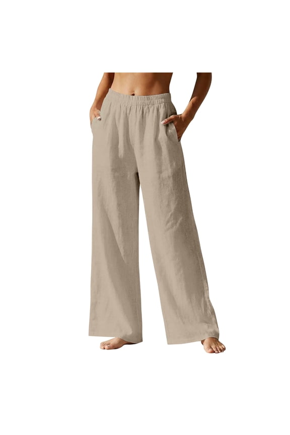 Linen Pants Women Wide Leg Elastic High Waisted Beach Flowy Pants Pull On Dressy Casual Baggy Cotton Linen Slacks Beige L