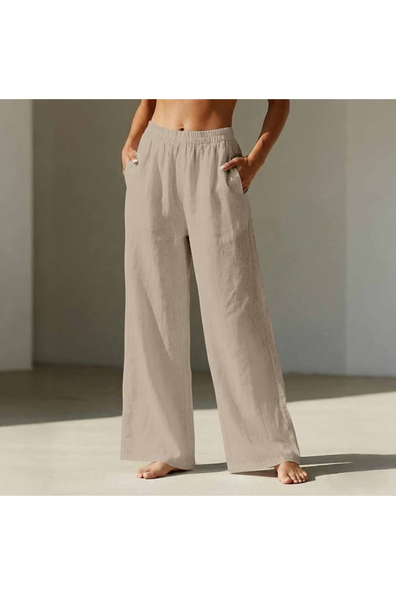 Linen Pants Women Wide Leg Elastic High Waisted Beach Flowy Pants Pull On Dressy Casual Baggy Cotton Linen Slacks(Beige,M)