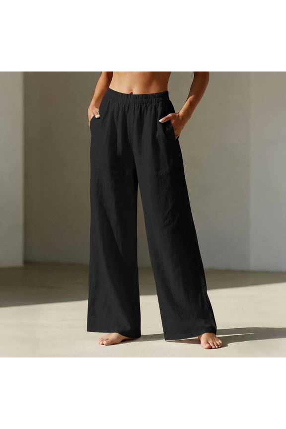 Linen Pants Women Wide Leg Elastic High Waisted Beach Flowy Pants Pull On Dressy Casual Baggy Cotton Linen Slacks(Black,XL)