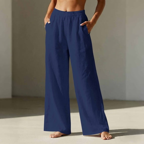 Linen Pants Women Wide Leg Elastic High Waisted Beach Flowy Pants Pull On Dressy Casual Baggy Cotton Linen Slacks(Dark Blue,L)