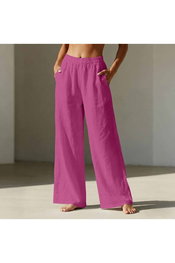 Linen Pants Women Wide Leg Elastic High Waisted Beach Flowy Pants Pull On Dressy Casual Baggy Cotton Linen Slacks Hot Pink M