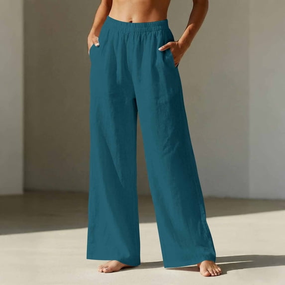 Linen Pants Women Wide Leg Elastic High Waisted Beach Flowy Pants Pull On Dressy Casual Baggy Cotton Linen Slacks(Turquoise,XL)