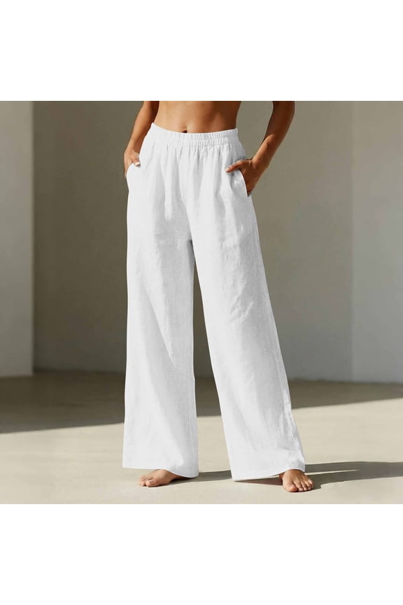 Linen Pants Women Wide Leg Elastic High Waisted Beach Flowy Pants Pull On Dressy Casual Baggy Cotton Linen Slacks(White,S)