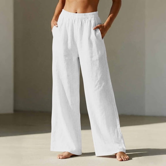 Linen Pants Women Wide Leg Elastic High Waisted Beach Flowy Pants Pull On Dressy Casual Baggy Cotton Linen Slacks(White,S)