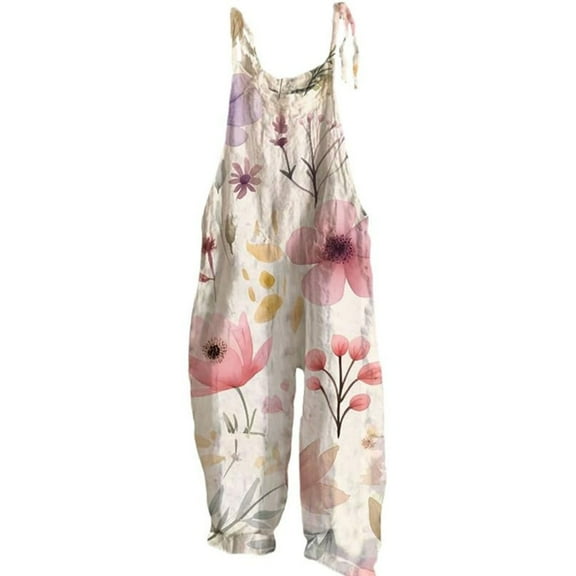 Linen Pants Women, Yellow Boho Floral Jumpsuits Sleeveless Spaghetti Strap Baggy Romper Wide Leg Overalls with Pockets, Wide Leg Pants Woman, XL, Palazzo Pants for Women, S-5XL, Boho Pants for Women