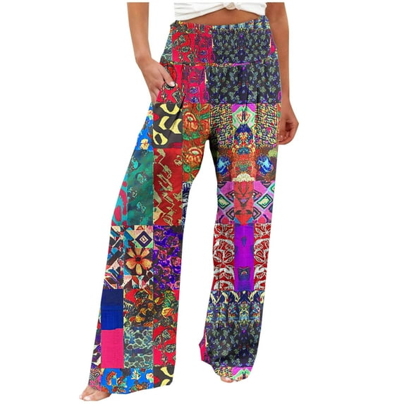 Linen Pants Womens Elastic High Palazzo Trouser Wide Leg Long Pants Baggy Printed Casual Lightweight Summer Pant Plus Size Beach Lounge Wear with Pockets Size S-XXL