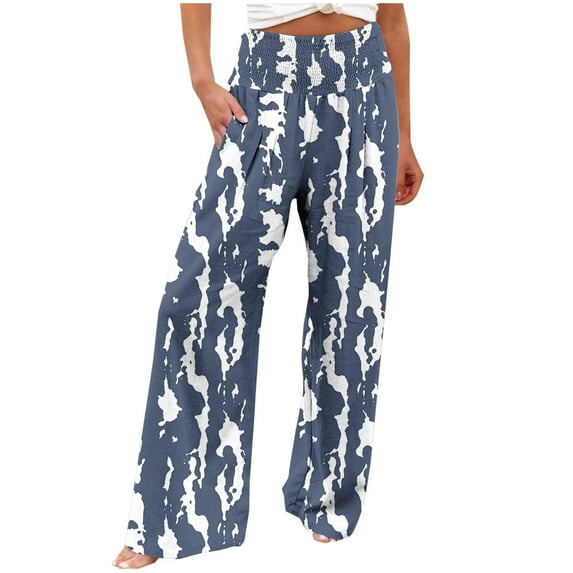 Linen Pants Womens Elastic High Palazzo Trouser Wide Leg Long Pants Baggy Printed Casual Lightweight Summer Pant Plus Size Beach Lounge Wear with Pockets Size S-XXL