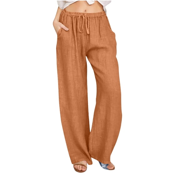Linen Pants Womens Elastic Waist Drawstring Loose Fit Pants with Pockets Casual Outdoor Lightweight Training Gym Tracksuit Bottoms Stretchy Comfort Loungewear