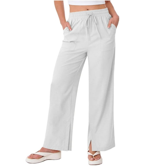 Linen Pants Womens Spring Summer Casual Trouser Lightweight Elasticated Waist Cotton Linen Solid Color Loose Straight Pants With Pockets Side Slits